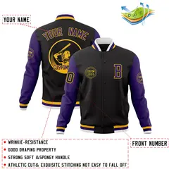 Black Purple Raglan Sleeves Full-Snap Varsity Letterman Jacket 4