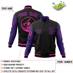 Black Purple Raglan Sleeves Full-Snap Varsity Letterman Jacket 4