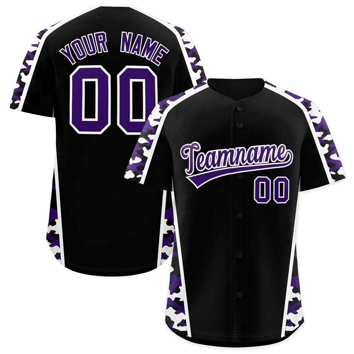 Black Purple Side Camo Baseball Jersey