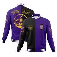 Black Purple Split Letterman Full-Snap Varsity Baseball Jacket 1
