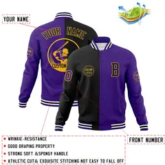 Black Purple Split Letterman Full-Snap Varsity Baseball Jacket 4