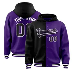 Black Purple Split Two Tone Full-Snap Varsity Letterman Jacket Hoodie
