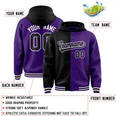 Black Purple Split Two Tone Full-Snap Varsity Letterman Jacket Hoodie 4