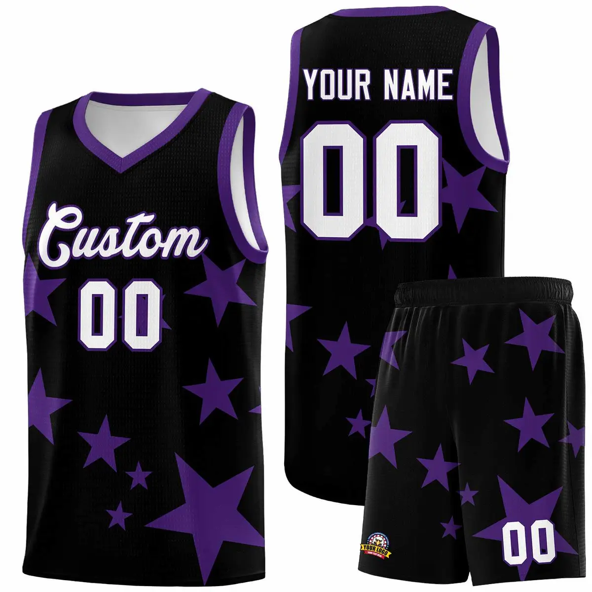 Black Purple Star Print Graffiti Basketball Jersey Sets
