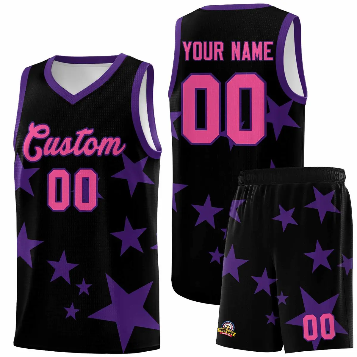 Black Purple Star Print Graffiti Basketball Jersey Sets