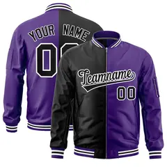 Black Purple Two Tone Full-Zip Varsity Letterman Bomber Jacket 1