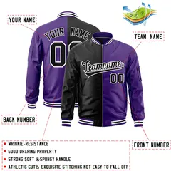 Black Purple Two Tone Full-Zip Varsity Letterman Bomber Jacket 2
