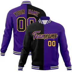 Black Purple Two Tone Split Varsity Full-Snap Letterman Jacket
