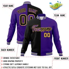 Black Purple Two Tone Split Varsity Full-Snap Letterman Jacket 4