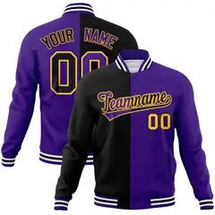 Black Purple Two Tone Split Varsity Full-Snap Letterman Jacket