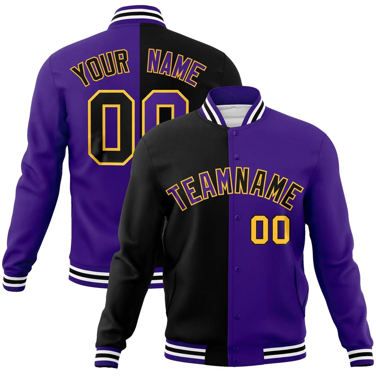Black Purple Two Tone Split Varsity Full-Snap Letterman Jacket