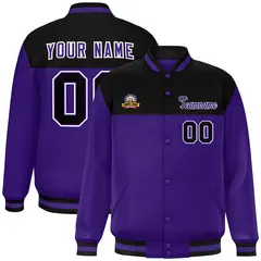 Black Purple-White Color Block Varsity Full-Snap Letterman Jacket