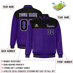 Black Purple-White Color Block Varsity Full-Snap Letterman Jacket 2