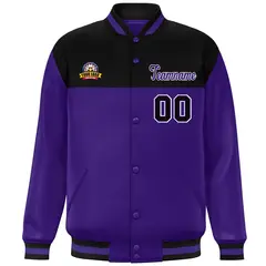 Black Purple-White Color Block Varsity Full-Snap Letterman Jacket 3