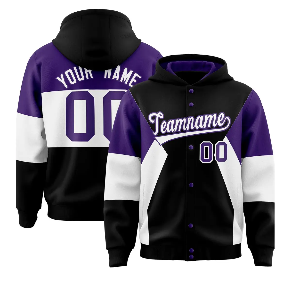 Black Purple-White Color Block Varsity Letterman Jacket Hoodie