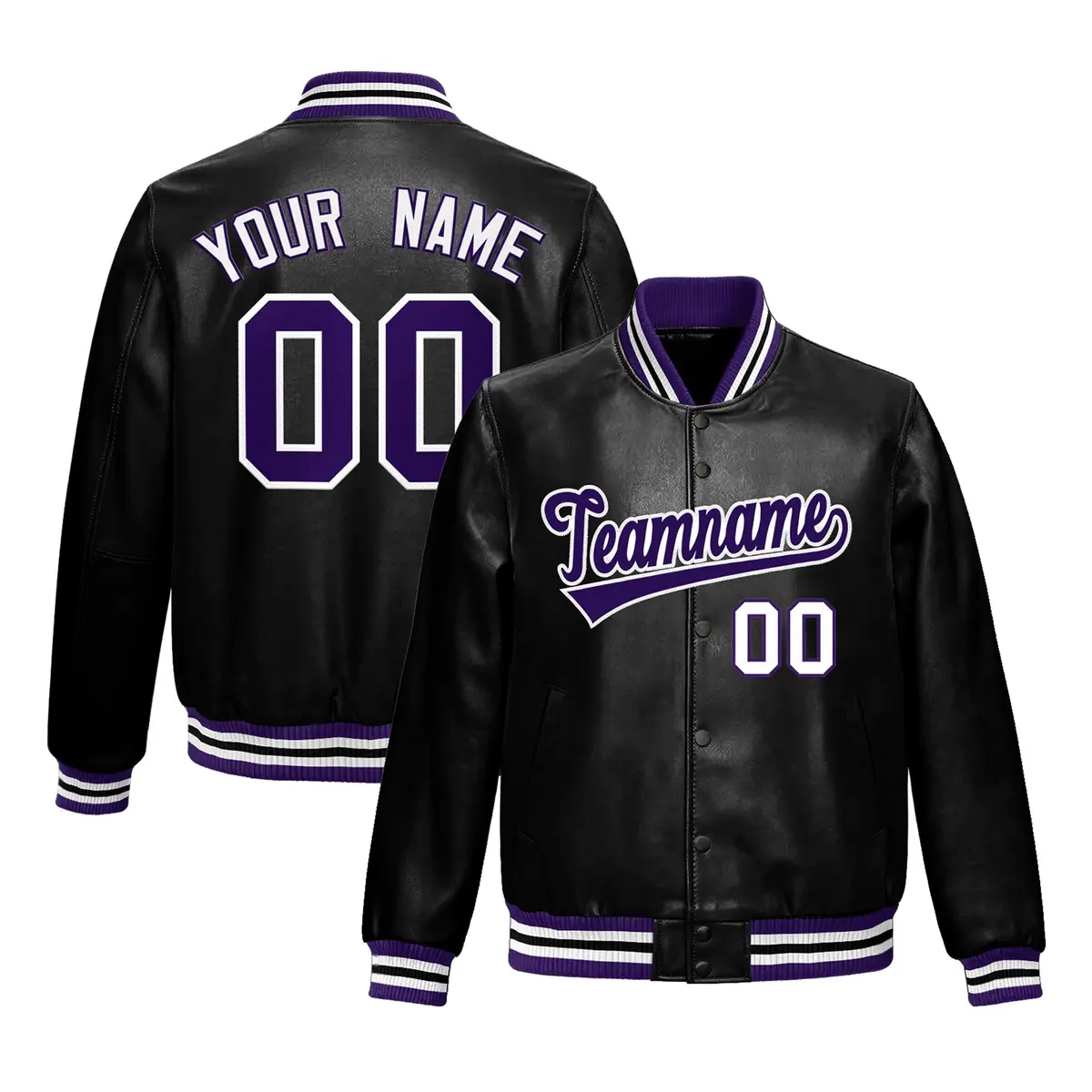 Black Purple White Full-Snap Faux Leather Letterman Jacket