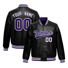 Black Purple White Full-Snap Faux Leather Letterman Jacket 1