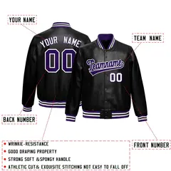 Black Purple White Full-Snap Faux Leather Letterman Jacket 2