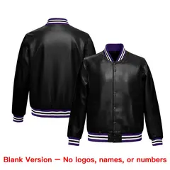 Black Purple White Full-Snap Faux Leather Letterman Jacket 6