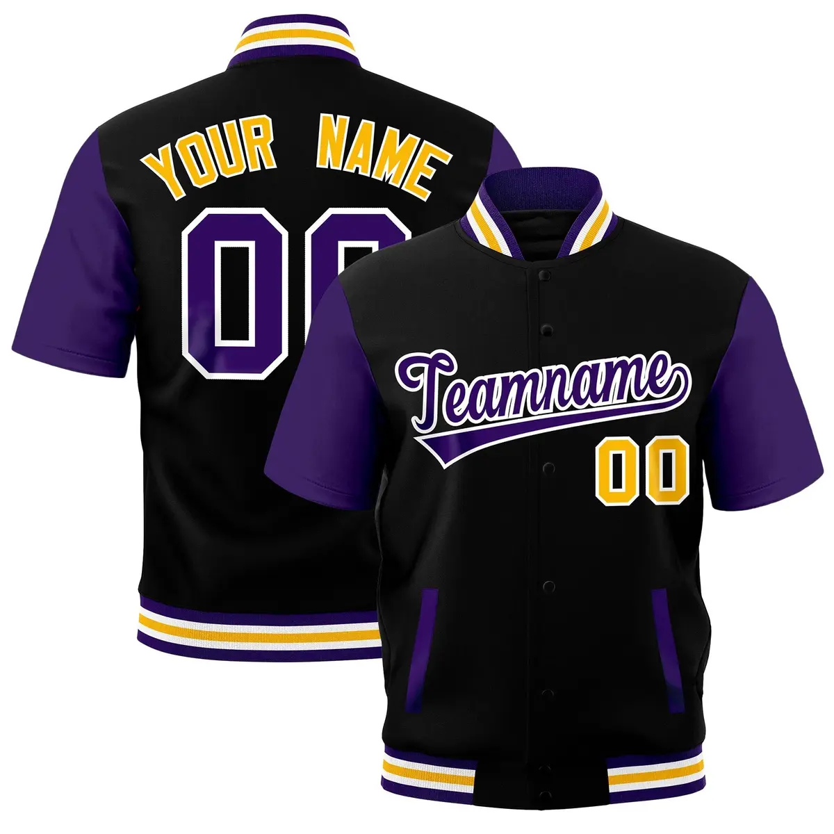Black Purple White Gold Full-Snap Short Sleeve Varsity Jacket