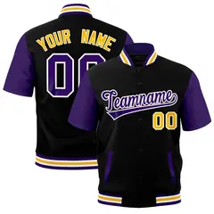 Black Purple White Gold Full-Snap Short Sleeve Varsity Jacket 1