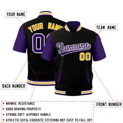 Black Purple White Gold Full-Snap Short Sleeve Varsity Jacket 2