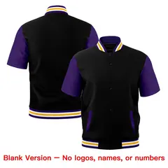 Black Purple White Gold Full-Snap Short Sleeve Varsity Jacket 7