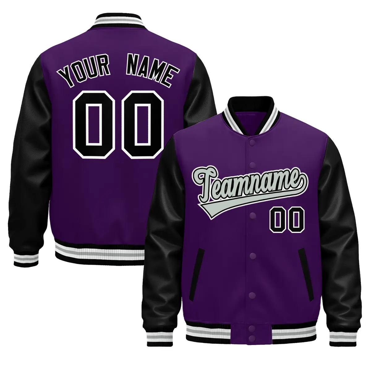 Black Purple White Gray Varsity Full-Snap Letterman Jacket Raglan Leather Sleeves