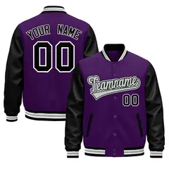 Black Purple White Gray Varsity Full-Snap Letterman Jacket Raglan Leather Sleeves