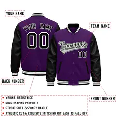 Black Purple White Gray Varsity Full-Snap Letterman Jacket Raglan Leather Sleeves 2