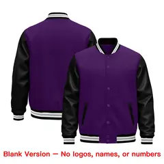Black Purple White Gray Varsity Full-Snap Letterman Jacket Raglan Leather Sleeves 5