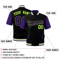 Black Purple White Neon Green Full-Snap Short Sleeve Varsity Jacket 2