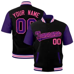 Black Purple White Pink Short Sleeve Full-Snap Varsity Jacket 1