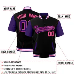 Black Purple White Pink Short Sleeve Full-Snap Varsity Jacket 2