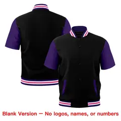 Black Purple White Pink Short Sleeve Full-Snap Varsity Jacket 7