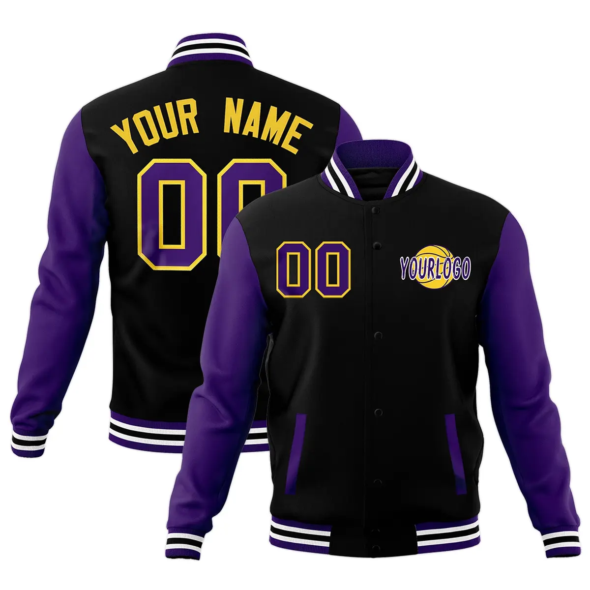 Black Purple White Raglan Sleeve Cotton Letterman Jacket