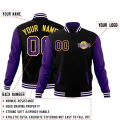 Black Purple White Raglan Sleeve Cotton Letterman Jacket 2