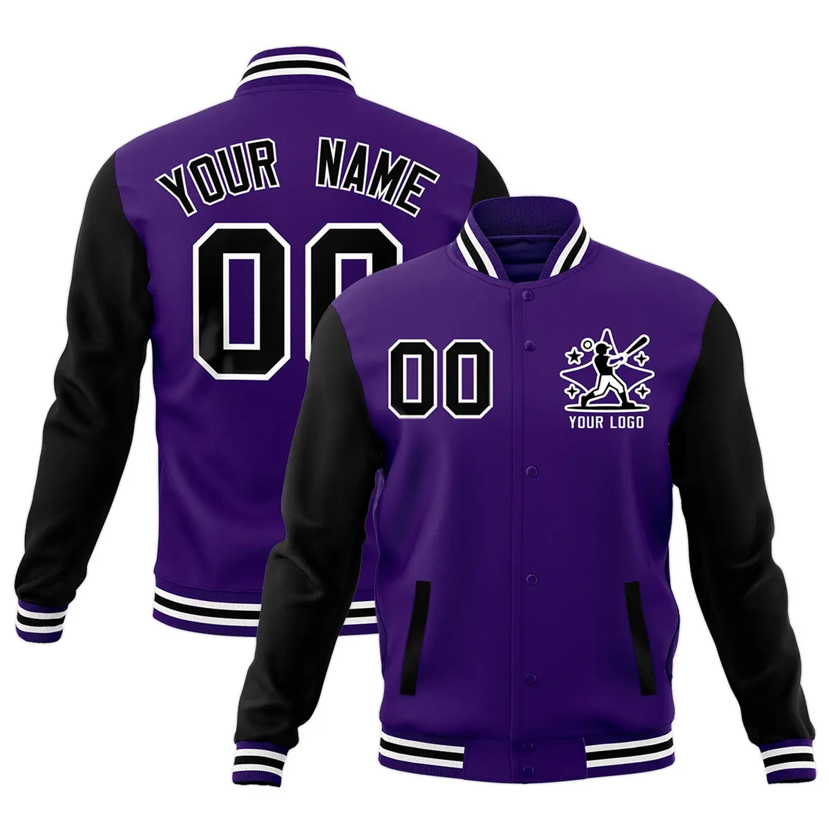 Black Purple White Raglan Sleeves Full-Snap Letterman Cotton Jacket