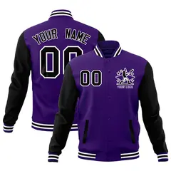 Black Purple White Raglan Sleeves Full-Snap Letterman Cotton Jacket