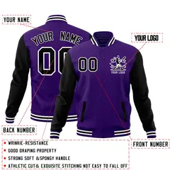 Black Purple White Raglan Sleeves Full-Snap Letterman Cotton Jacket 2