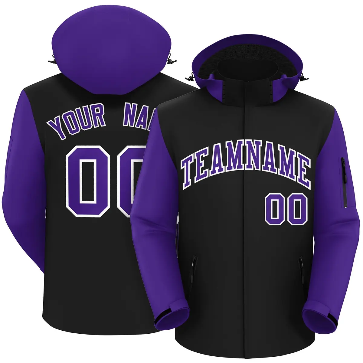 Black Purple-White Raglan Sleeves Waterproof Jacket