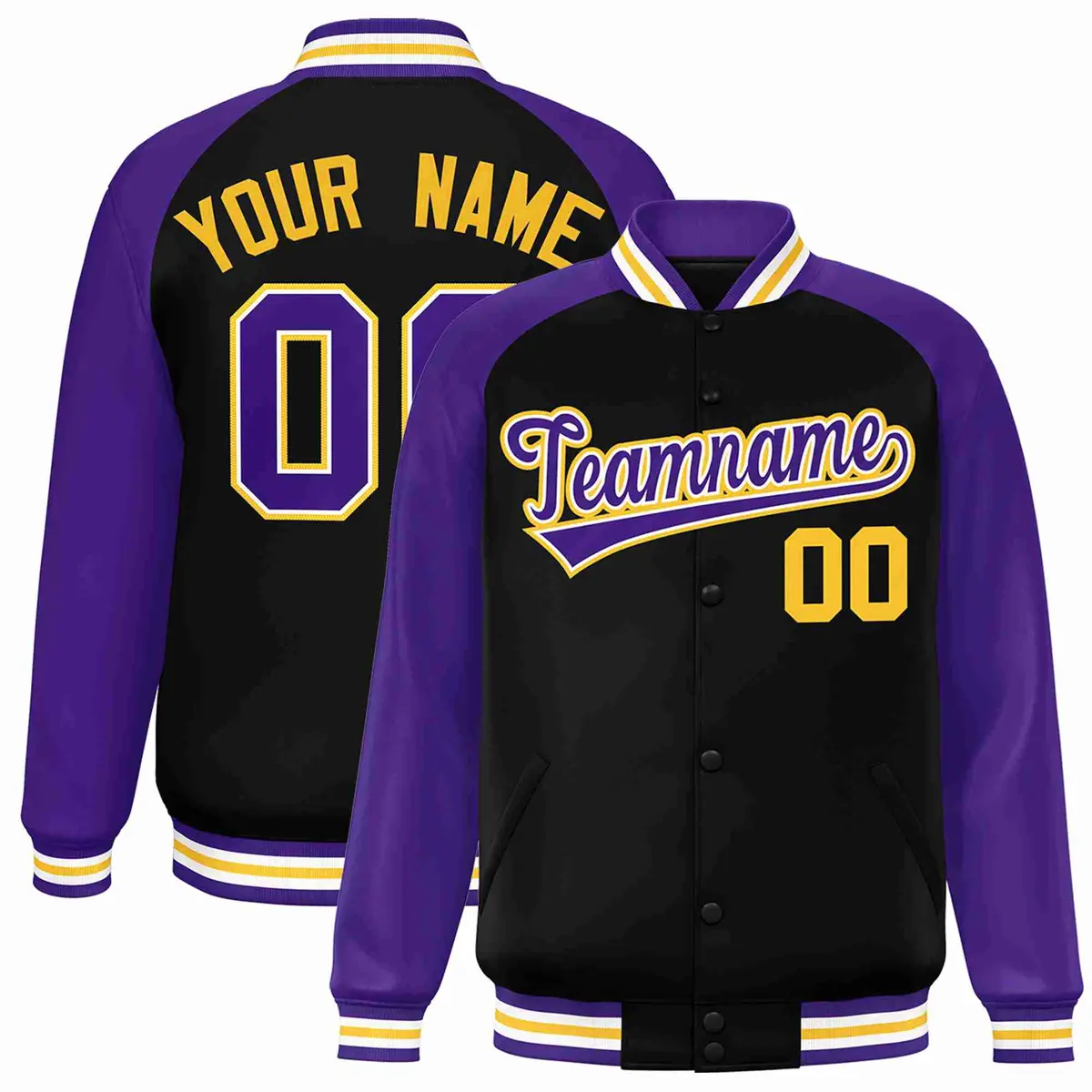 Black Purple-White Raglan Varsity Full-Snap Letterman Jacket