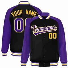 Black Purple-White Raglan Varsity Full-Snap Letterman Jacket