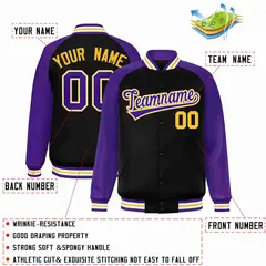 Black Purple-White Raglan Varsity Full-Snap Letterman Jacket 2