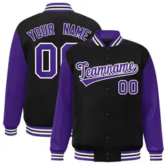 Black Purple-White Raglan Varsity Full-Snap Letterman Jacket