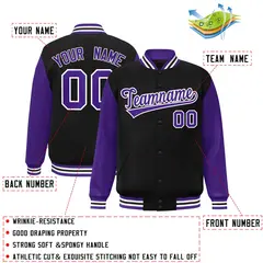 Black Purple-White Raglan Varsity Full-Snap Letterman Jacket 2