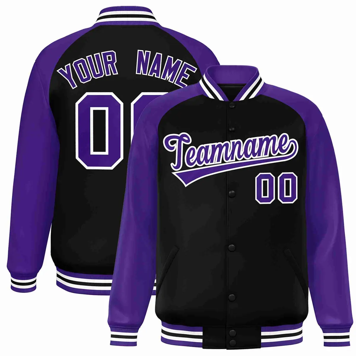 Black Purple-White Raglan Varsity Full-Snap Letterman Jacket