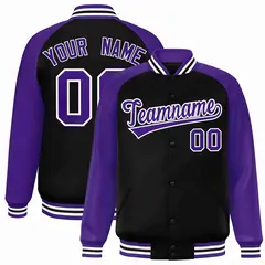 Black Purple-White Raglan Varsity Full-Snap Letterman Jacket
