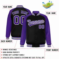 Black Purple-White Raglan Varsity Full-Snap Letterman Jacket 2