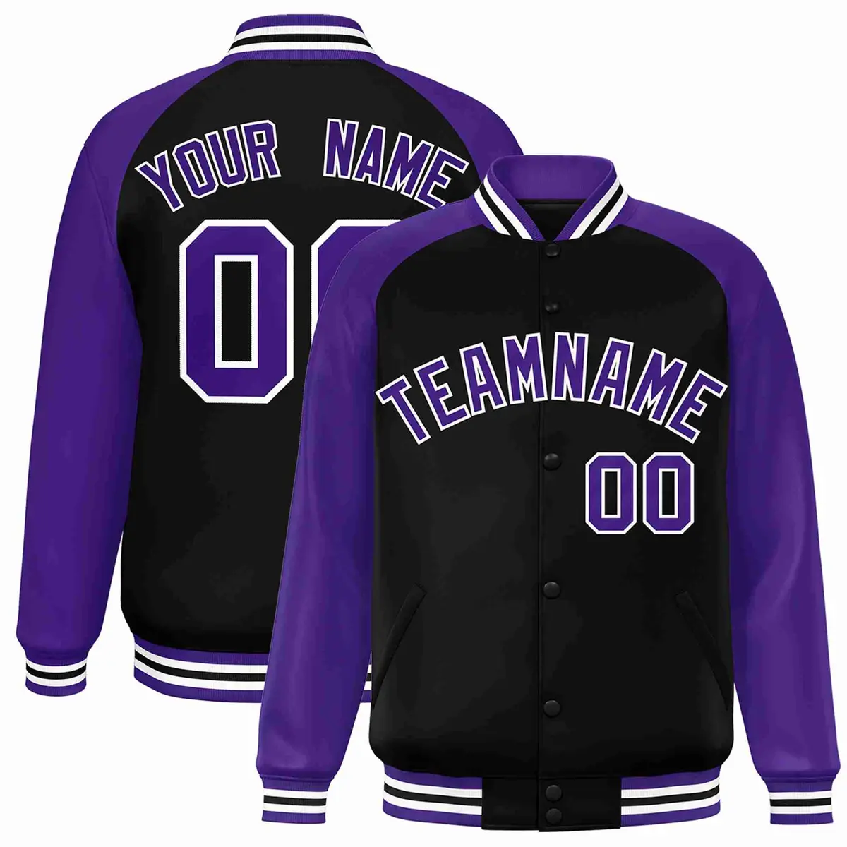 Black Purple-White Raglan Varsity Full-Snap Letterman Jacket